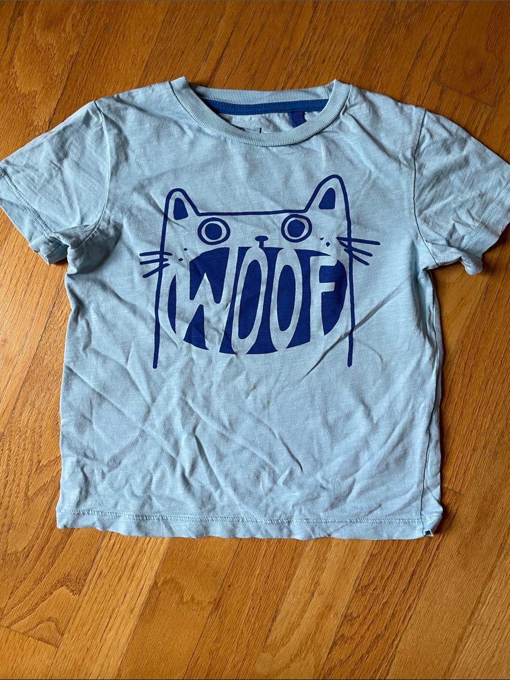 Mini Boden Light Blue Tee with Navy 'WOOF' Cat Graphic